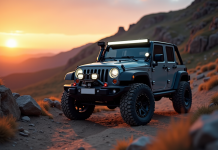 Véhicule 4x4 robuste sur sentier rocheux au lever du soleil