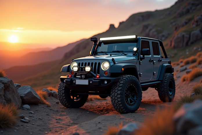 Véhicule 4x4 robuste sur sentier rocheux au lever du soleil