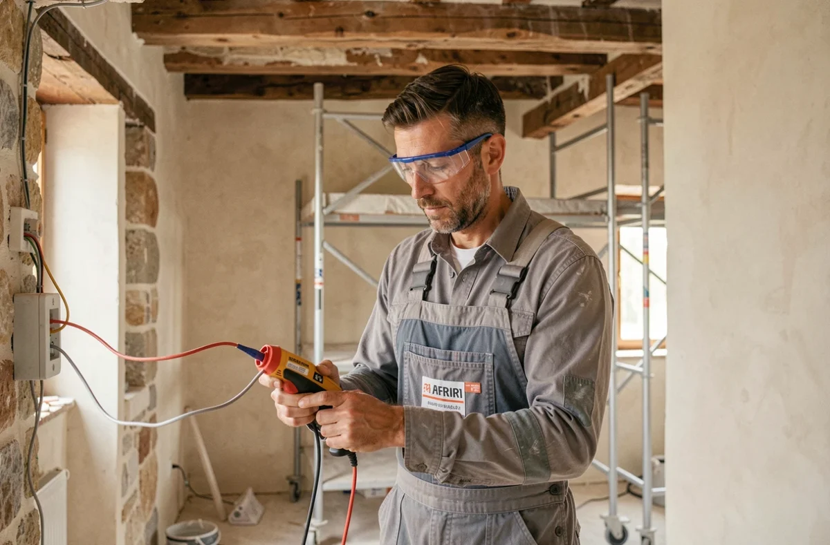 Électricien de A2M Rénovation travaillant sur un chantier de rénovation dans une maison en pierre du Vaucluse