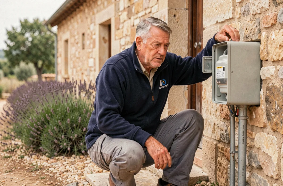 Électricien Acerelec inspectant un compteur électrique extérieur d'une ferme provençale en Vaucluse