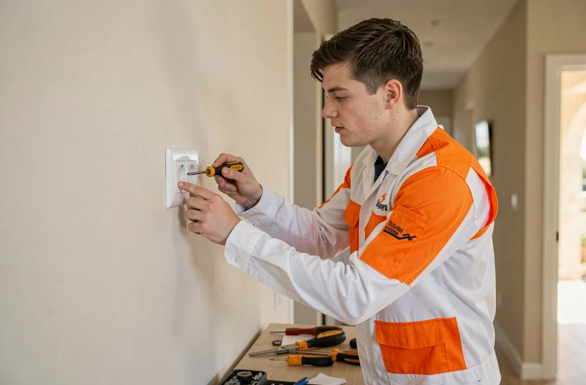 Électricien Actilec installant un panneau de prises électriques dans une maison contemporaine du Vaucluse
