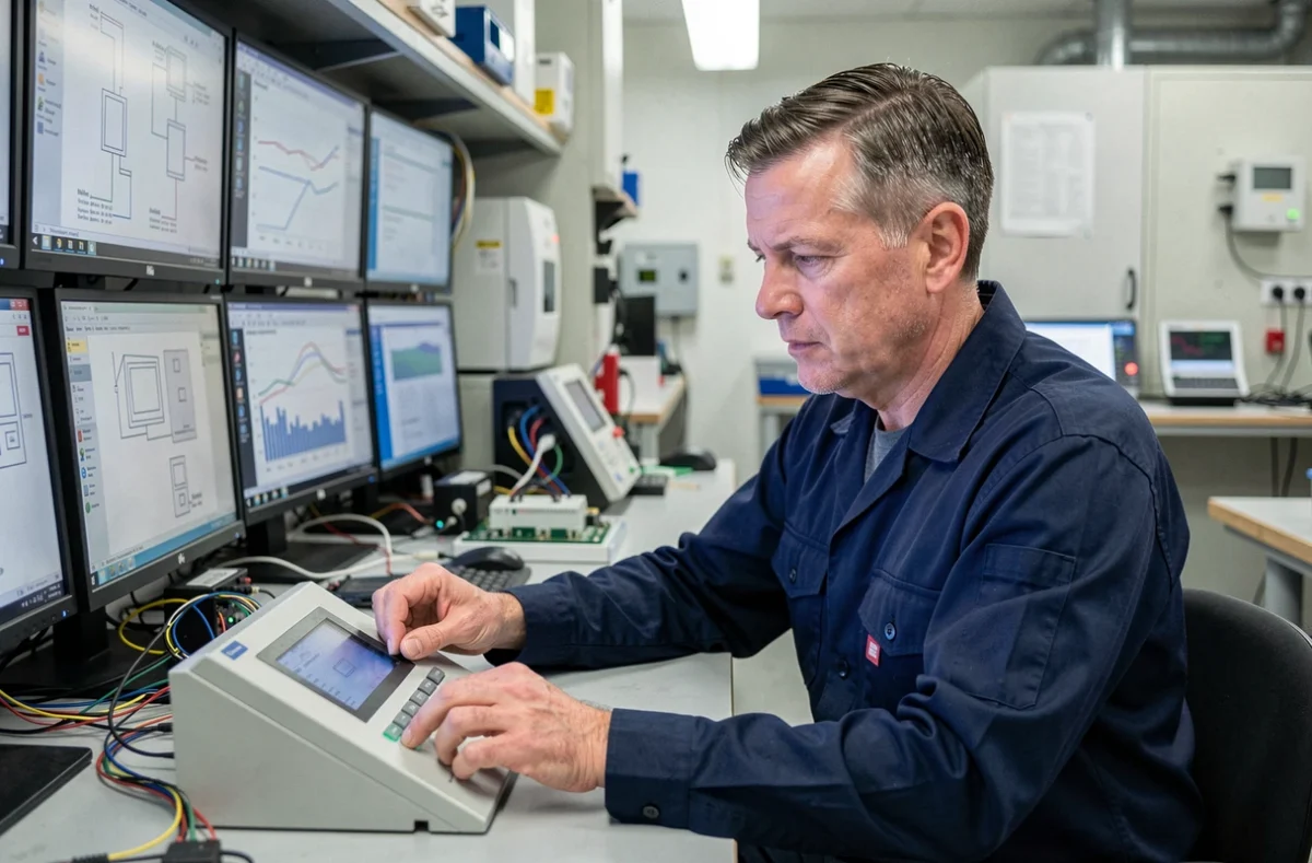 Technicien AD HOC Cybernétique configurant un système domotique dans un atelier technique
