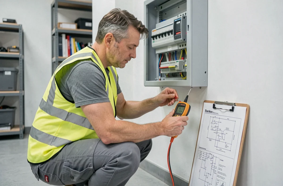 Technicien ADLEC vérifiant un tableau électrique dans un local commercial avec un multimètre