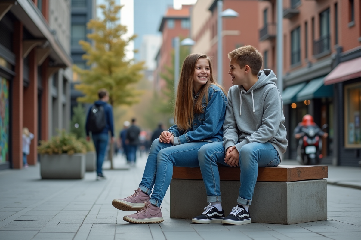 Deux adolescents discutant sur un banc dans un quartier urbain