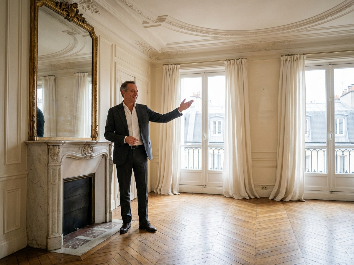 Agent immobilier présentant un appartement haussmannien de luxe avec parquet en chevron et cheminée en marbre à Paris