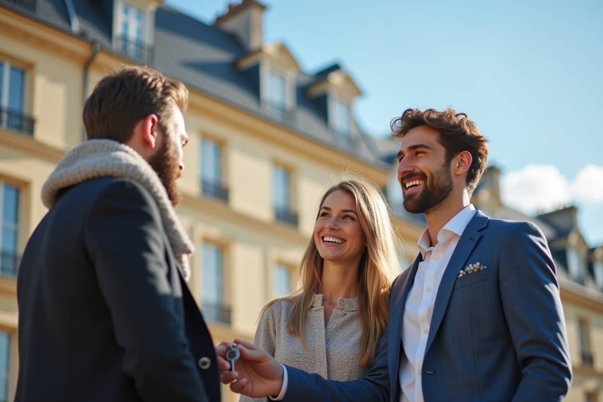 Agent immobilier donnant les clés à un couple souriant devant un immeuble