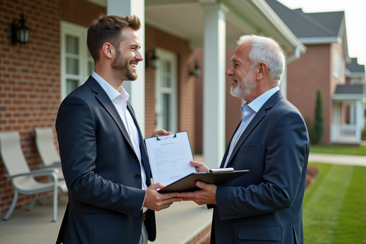 Jeune agent immobilier remettant un dossier à un homme âgé devant une maison