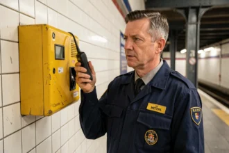 Agent RATP en uniforme utilisant un interphone de sécurité sur le quai d'une station de métro parisienne
