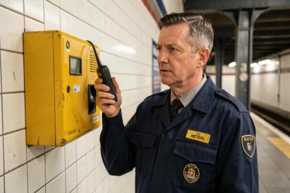 Agent RATP en uniforme utilisant un interphone de sécurité sur le quai d'une station de métro parisienne