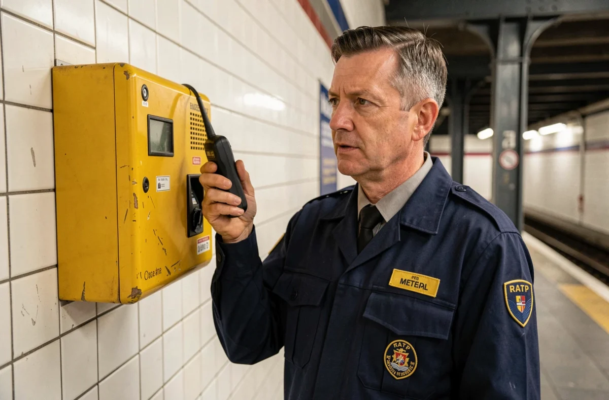 Agent RATP en uniforme utilisant un interphone de sécurité sur le quai d'une station de métro parisienne