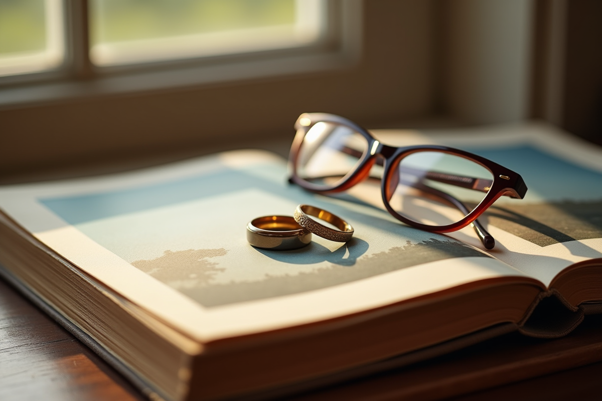 Alliances de mariage sur un album photo ancien avec lunettes