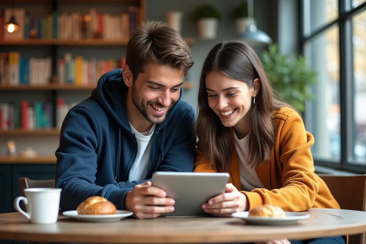 Deux amis regardant manga dans un café lumineux