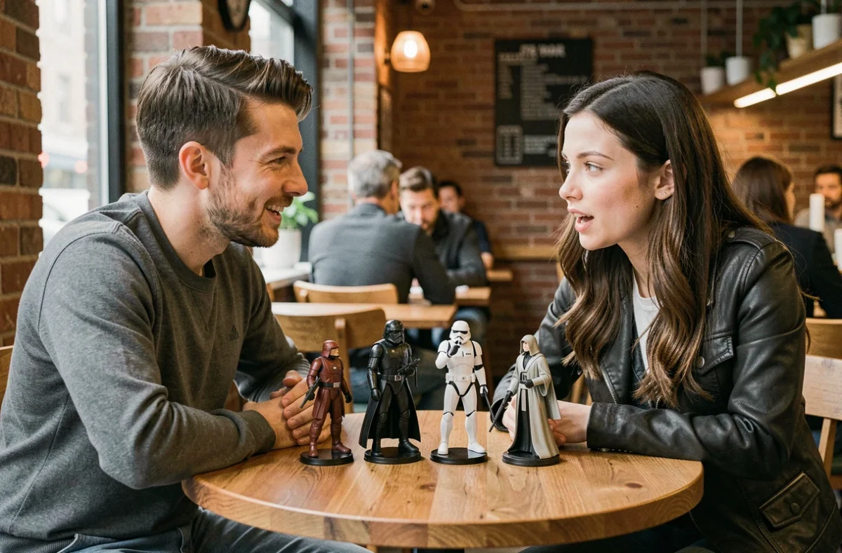 Deux amis discutant des personnages Star Wars avec des figurines posées sur une table de café