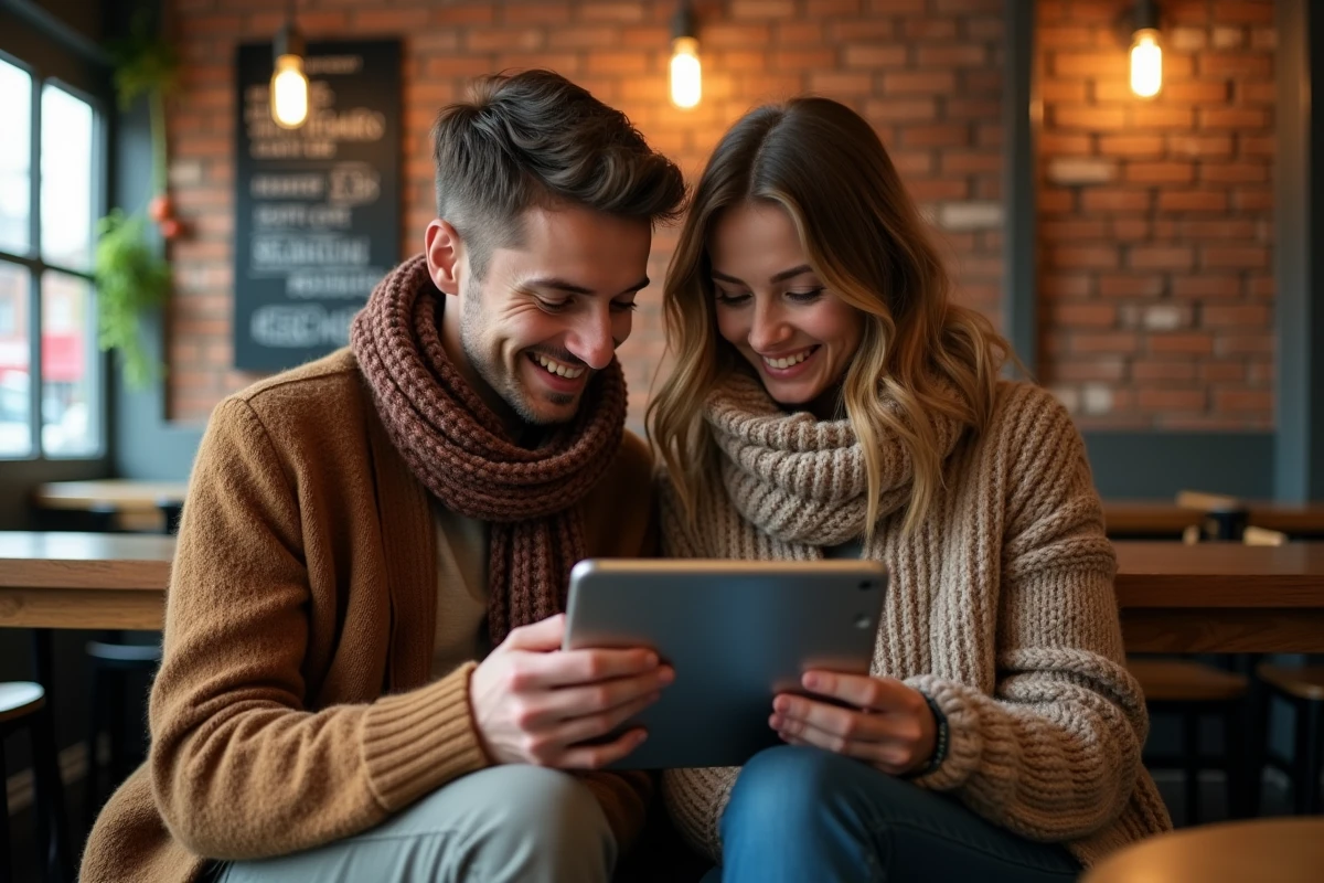 Deux amis lisant ensemble un manga en version française sur une tablette dans un café cosy à l'atmosphère chaleureuse