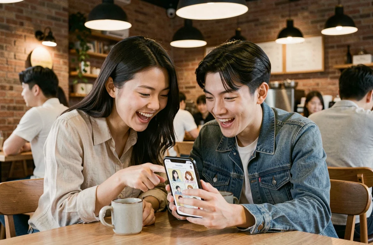 Deux jeunes adultes asiatiques partageant la lecture d'un webtoon romantique sur smartphone dans un café moderne