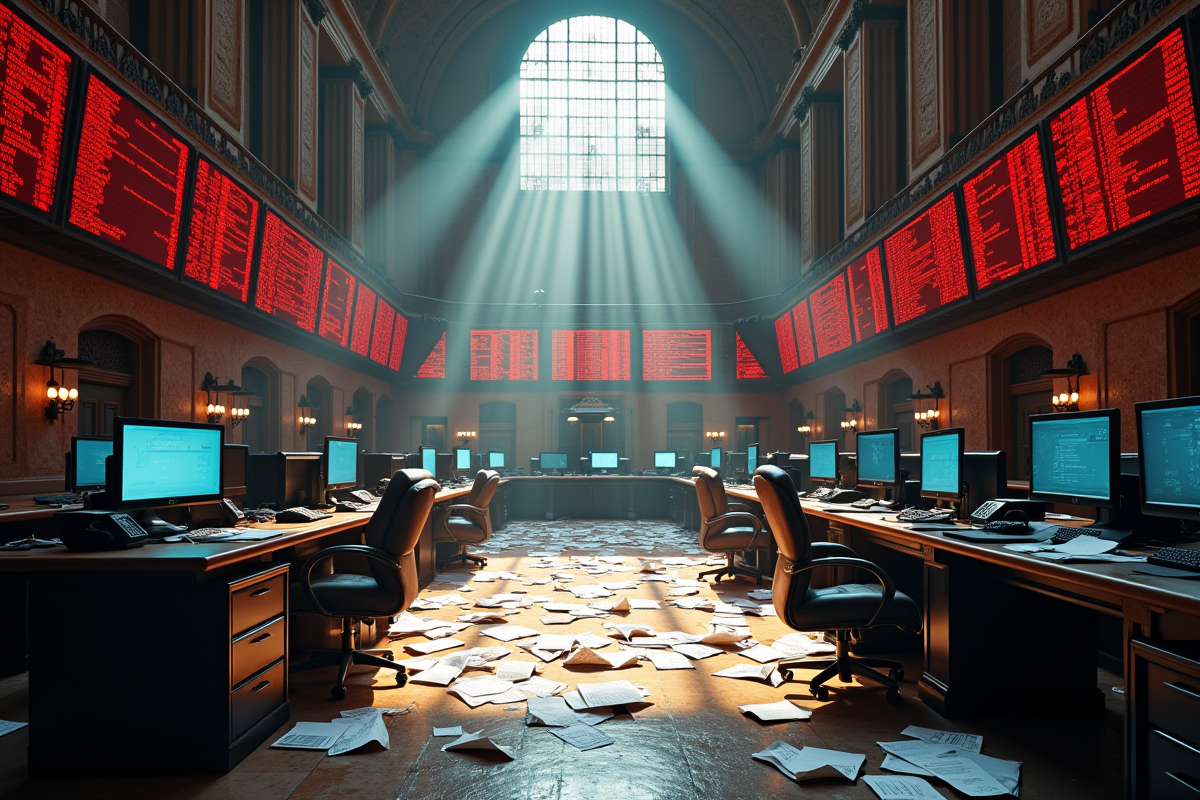 Salle de trading abandonnée avec écrans en baisse