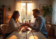 Couple heureux célébrant leur septième anniversaire de mariage à la maison