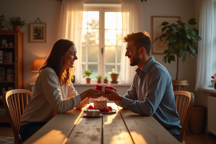 Couple heureux célébrant leur septième anniversaire de mariage à la maison