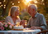 Couple heureux célébrant leur anniversaire dans un jardin romantique