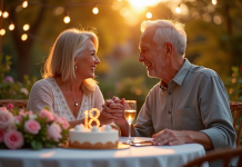 Couple heureux célébrant leur anniversaire dans un jardin romantique