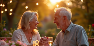Couple heureux célébrant leur anniversaire dans un jardin romantique