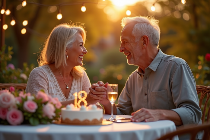 Couple heureux célébrant leur anniversaire dans un jardin romantique
