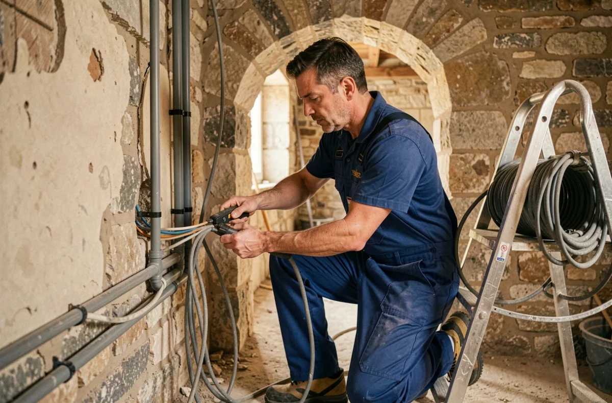 Électricien Ansouis Elec posant des conduits électriques dans une maison de village en pierre