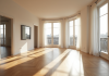 Salon lumineux d un appartement parisien moderne avec grandes fenêtres