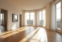 Salon lumineux d un appartement parisien moderne avec grandes fenêtres