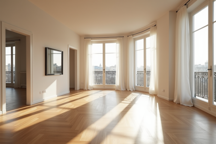 Salon lumineux d un appartement parisien moderne avec grandes fenêtres