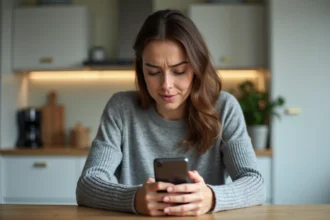 Femme tenant un smartphone affichant un numéro de portable inconnu, expression perplexe, cuisine moderne en arrière-plan