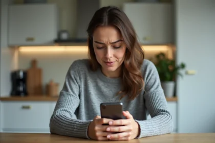 Femme tenant un smartphone affichant un numéro de portable inconnu, expression perplexe, cuisine moderne en arrière-plan