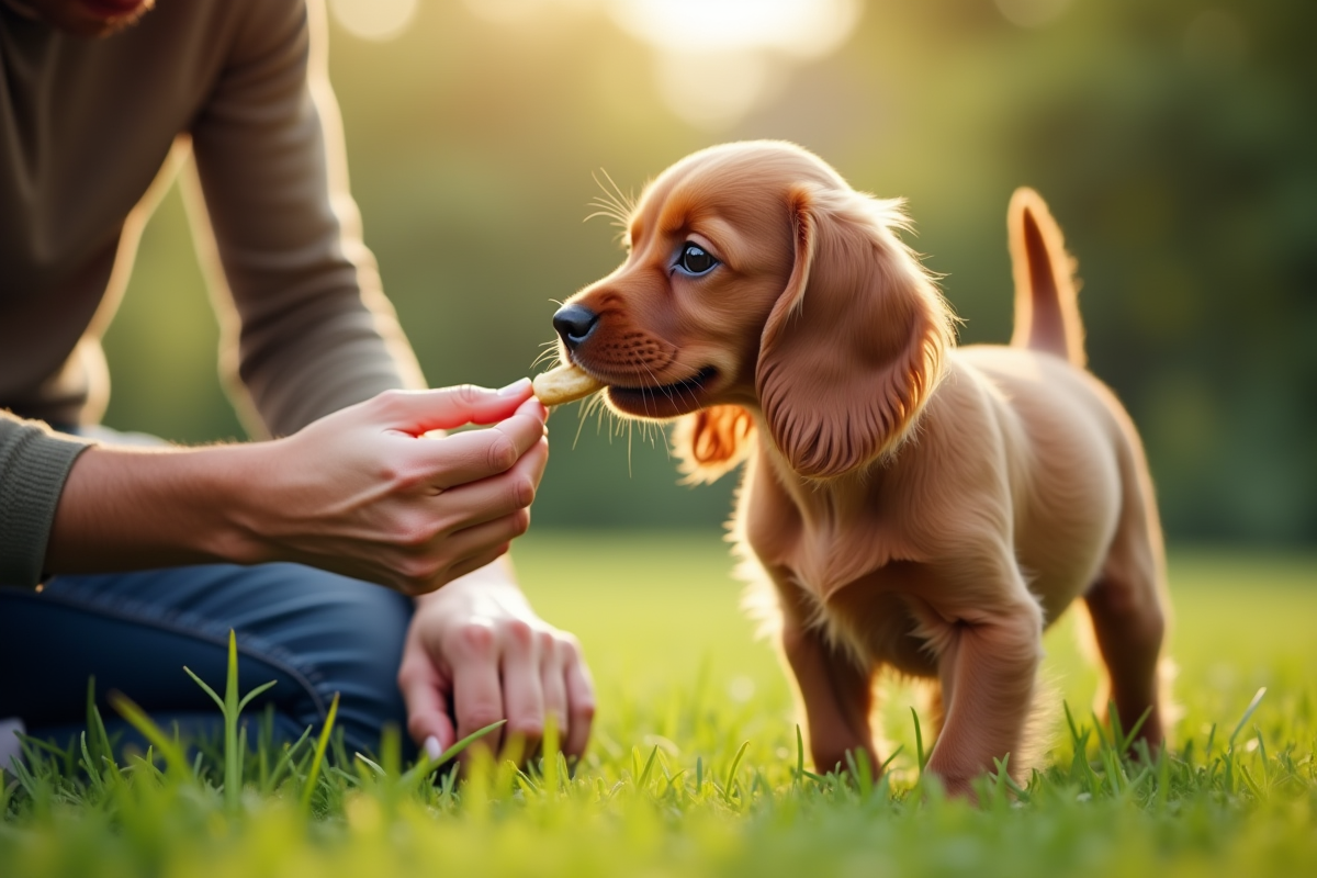 Jeune chiot cocker spaniel apprenant des ordres avec son propriétaire dans le jardin