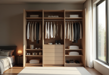Armoire ouverte dans une chambre lumineuse avec vêtements minimalistes