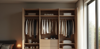 Combien de pièces faut-il vraiment pour une garde-robe capsule ? Armoire ouverte dans une chambre lumineuse avec vêtements minimalistes