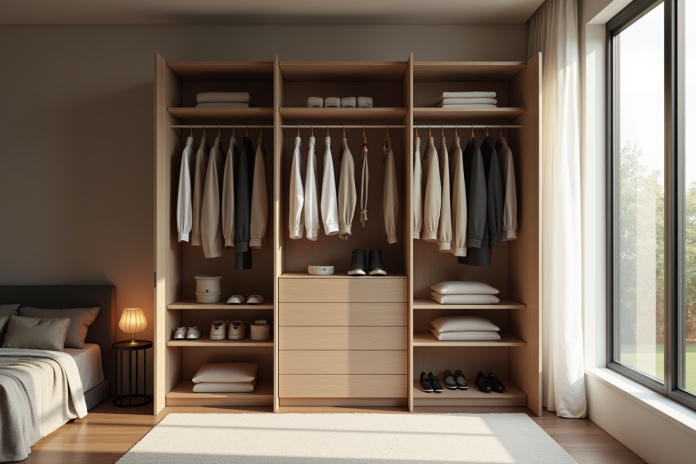 Armoire ouverte dans une chambre lumineuse avec vêtements minimalistes