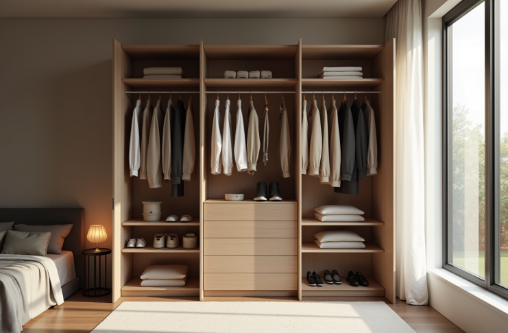 Armoire ouverte dans une chambre lumineuse avec vêtements minimalistes