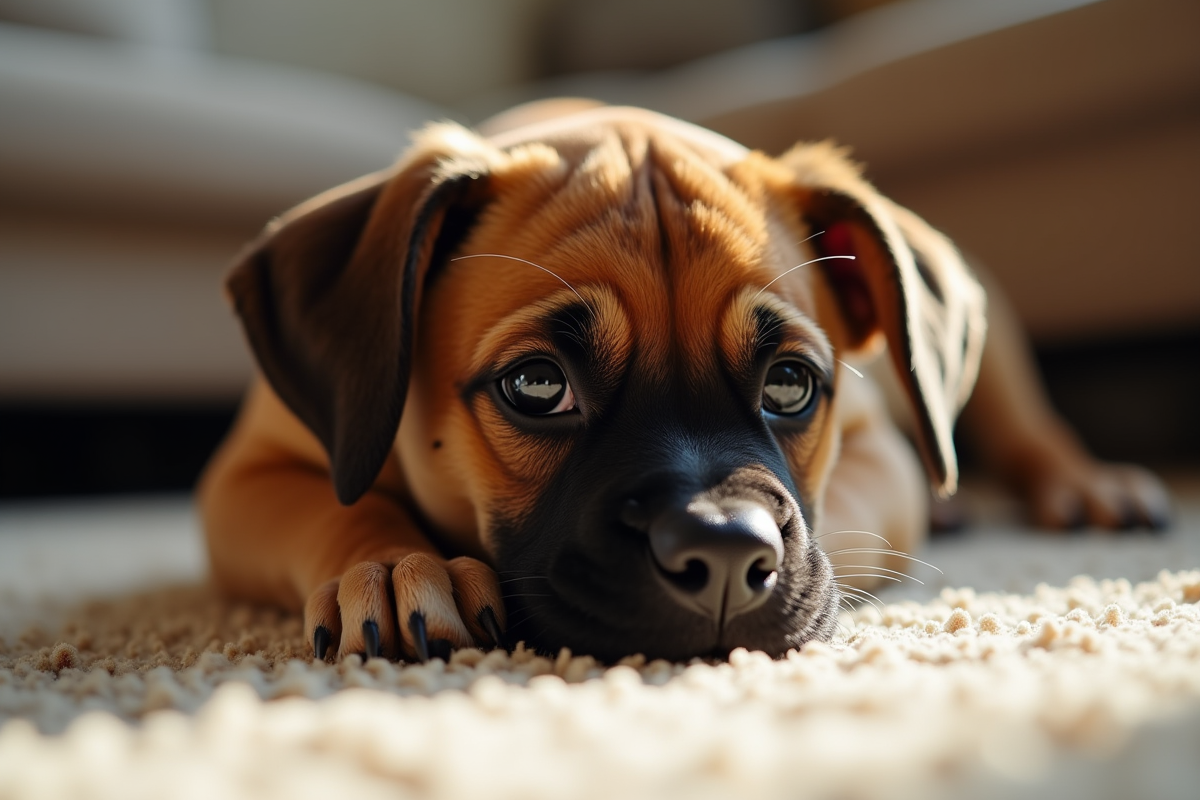 Chiot boxer allongé sur un tapis dans le salon