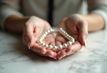 Mains élégantes tenant un collier de perles brillantes