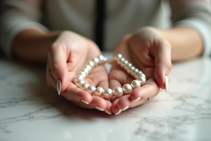 Mains élégantes tenant un collier de perles brillantes