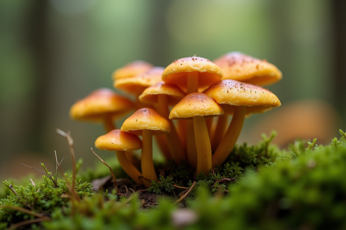 Gros plan de chanterelles en forêt avec fond flou