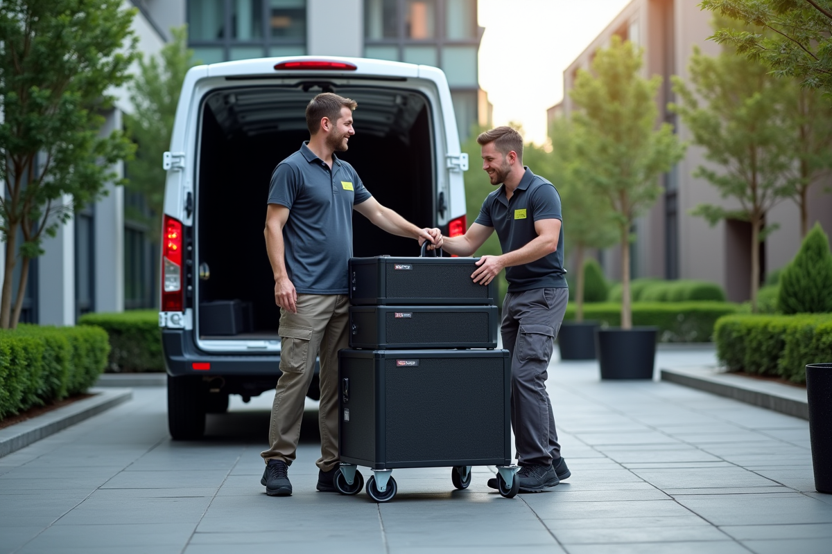 Deux hommes chargent des plateformes et enceintes en extérieur