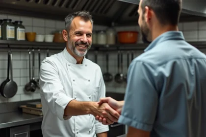 Chef de cuisine serrant la main d'un fournisseur alimentaire dans une cuisine professionnelle, symbolisant un partenariat fiable pour les métiers de bouche