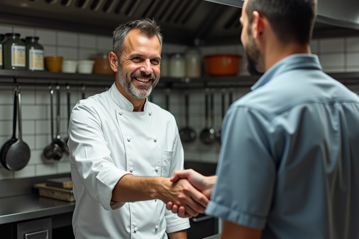 Chef de cuisine serrant la main d'un fournisseur alimentaire dans une cuisine professionnelle, symbolisant un partenariat fiable pour les métiers de bouche