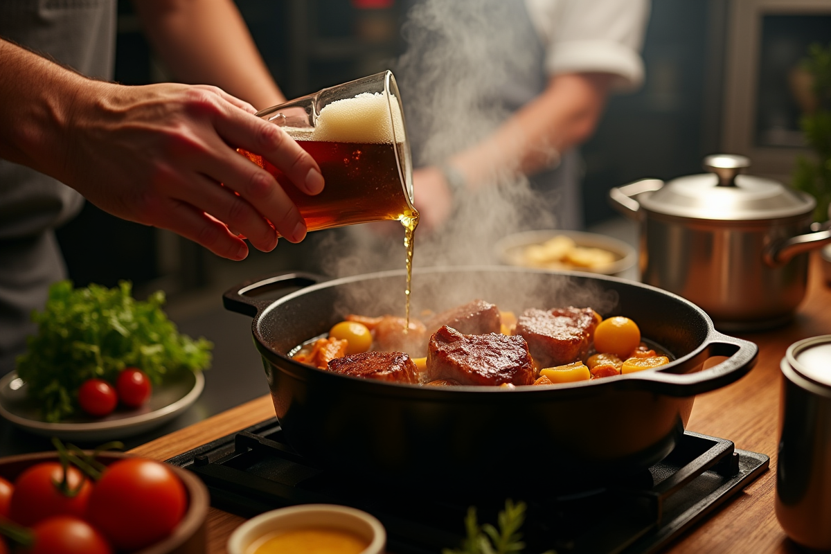 Chef versant de la bière artisanale dans une cocotte avec porc