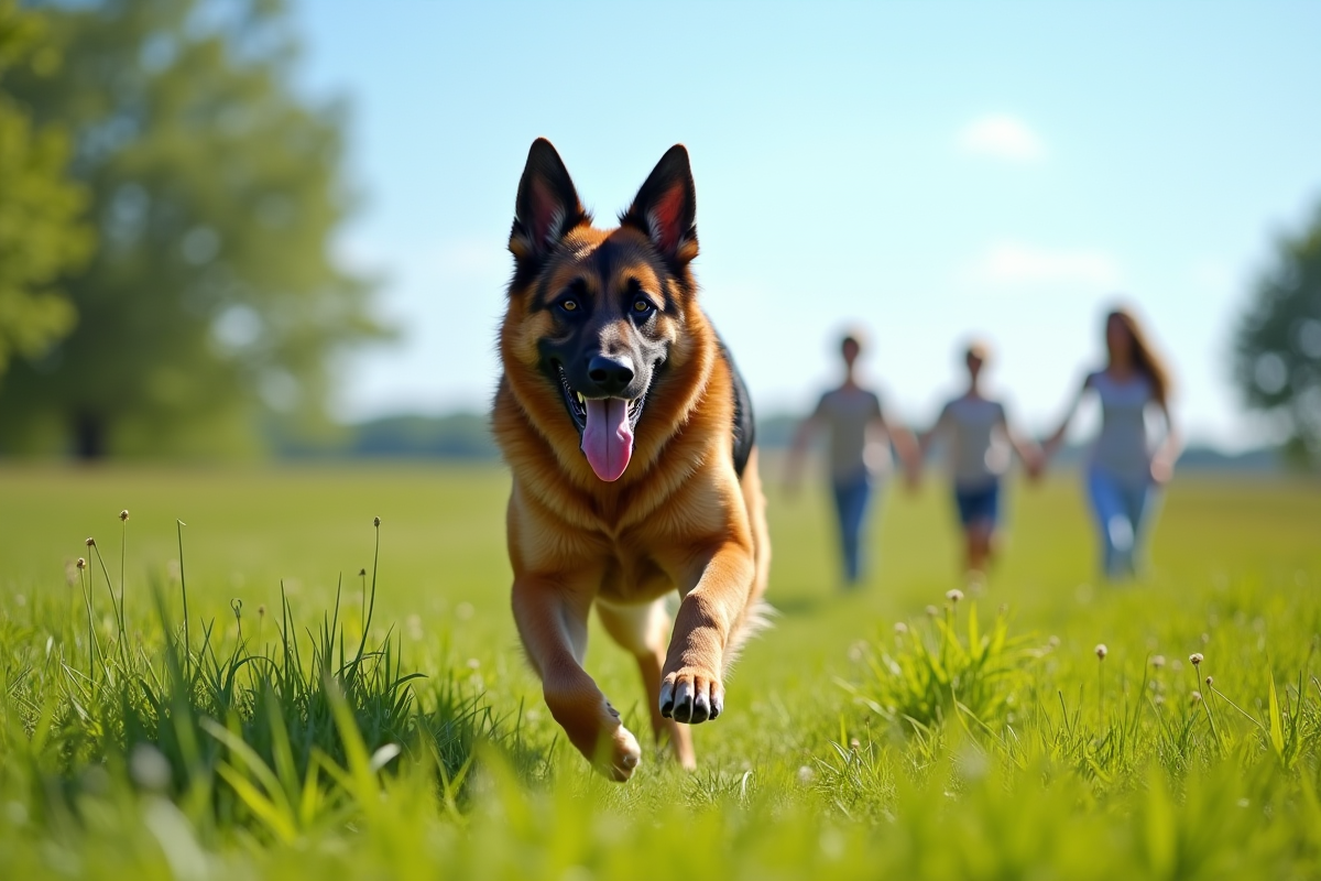 Chien belge shepherd courant dans un champ vert ensoleille