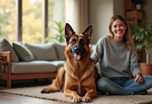 Chien belge shepherd assis avec son propriétaire dans un salon chaleureux