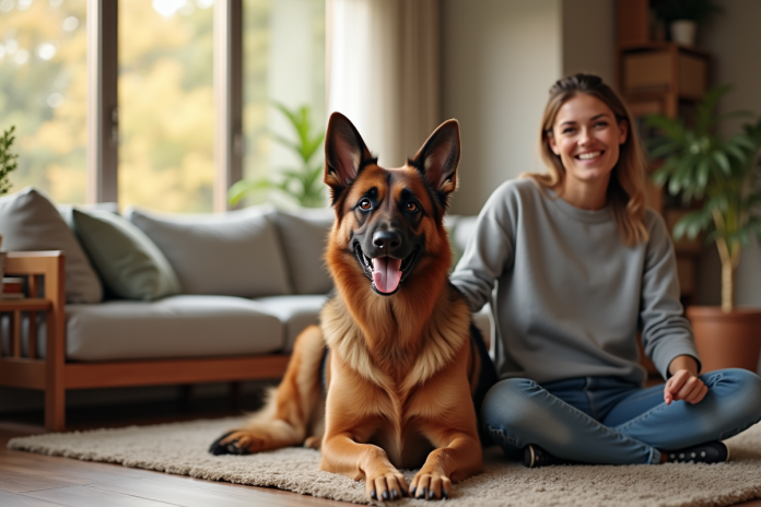 Chien belge shepherd assis avec son propriétaire dans un salon chaleureux