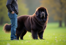 Grand chien Newfoundland en extérieur sur l'herbe verte