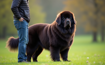 Grand chien Newfoundland en extérieur sur l'herbe verte